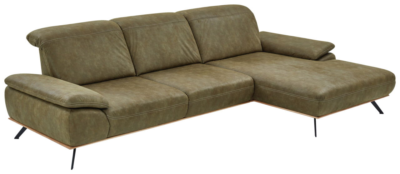 Grüne Longchairkombination mit drei Sitzplätzen und einer verlängerten Liegefläche, seitliche Perspektive