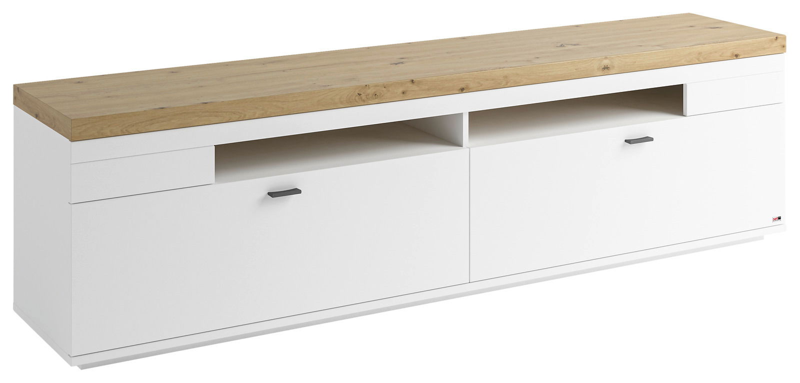 TV-Lowboard in Weiß mit Holzoberfläche, zwei Schubladen und offenen Fächern, seitliche Perspektive