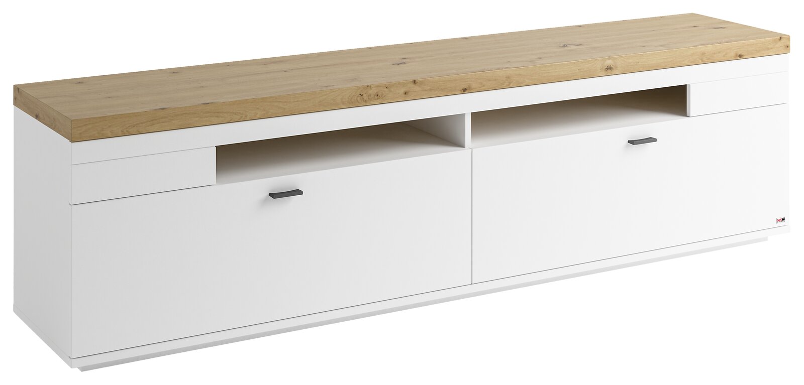 TV-Lowboard in Weiß mit Holzoberfläche, zwei Schubladen und offenen Fächern, seitliche Perspektive