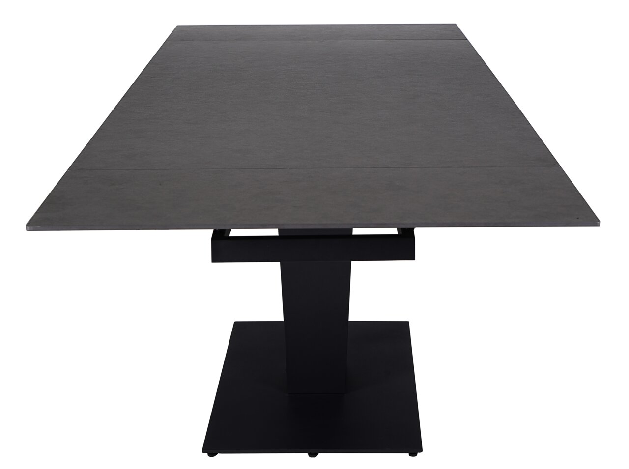 Moderne eettafel met rechthoekig tafelblad en centrale poot, gezien vanaf de voorkant.