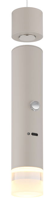 Moderne Hängeleuchte in zylindrischer Form, seitliche Perspektive, mit mattem Finish und integriertem Schalter.