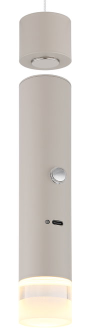 Moderne Hängeleuchte in zylindrischer Form, seitliche Perspektive, mit mattem Finish und integriertem Schalter.