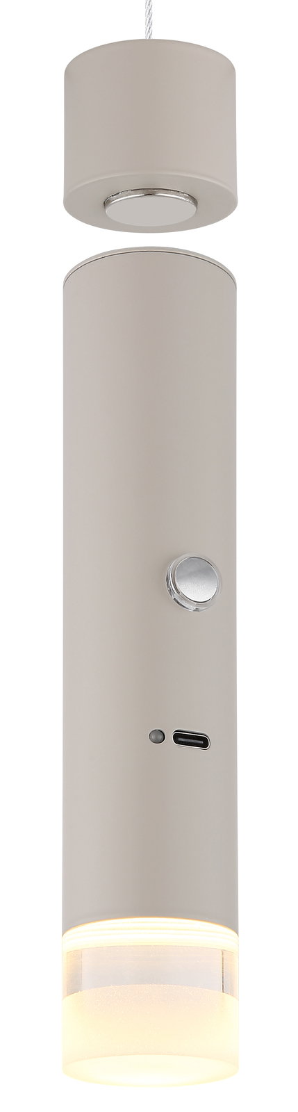 Moderne Hängeleuchte in zylindrischer Form, seitliche Perspektive, mit mattem Finish und integriertem Schalter.