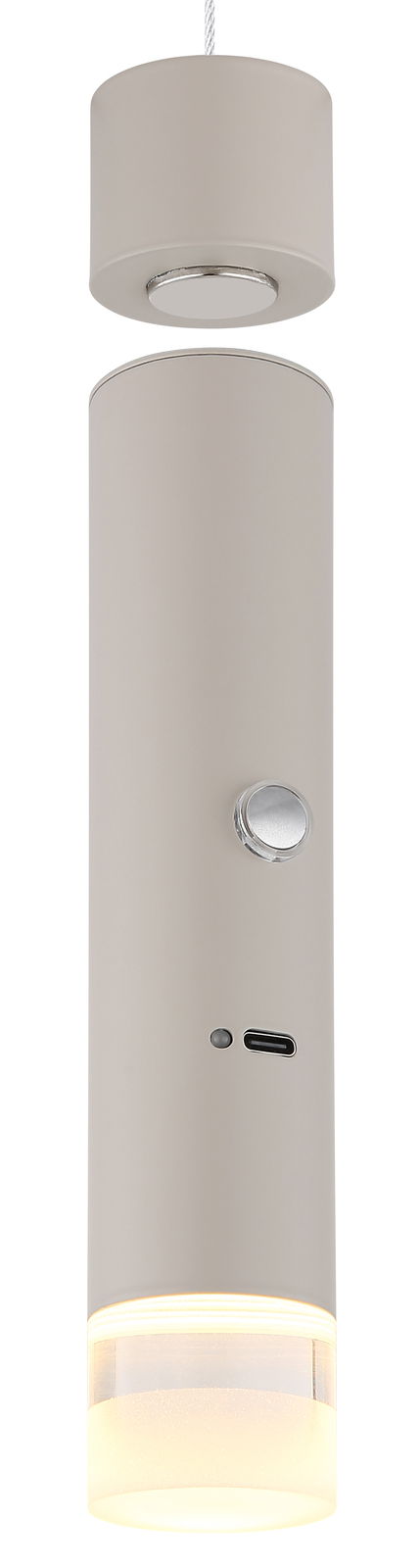 Moderne Hängeleuchte in zylindrischer Form, seitliche Perspektive, mit mattem Finish und integriertem Schalter.