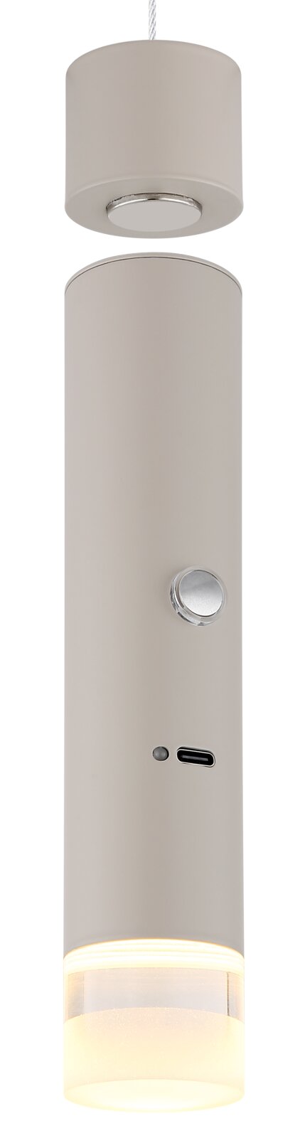 Moderne Hängeleuchte in zylindrischer Form, seitliche Perspektive, mit mattem Finish und integriertem Schalter.
