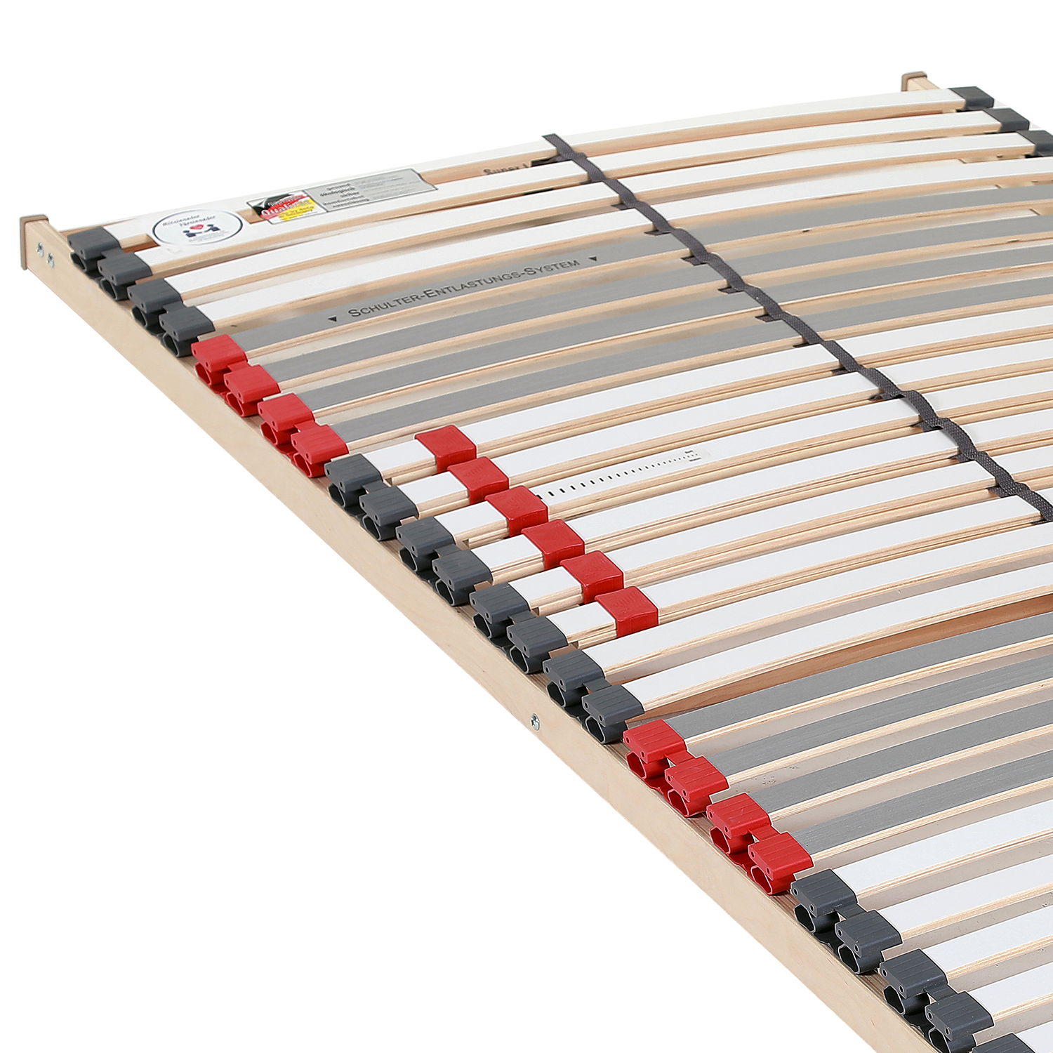 Lattenrost mit verstellbaren Leisten und farbigen Kappen, seitliche Perspektive