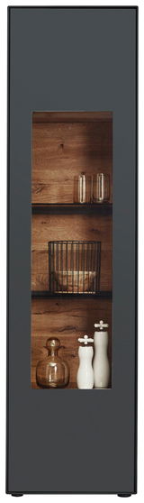 Moderne Vitrine mit Glasfront, Holzrückwand und dekorativen Objekten, frontal betrachtet.