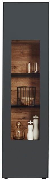 Moderne Vitrine mit Glasfront, Holzrückwand und dekorativen Objekten, frontal betrachtet.