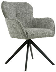 Grauer Armlehnstuhl mit Stoffbezug und schwarzem Metallgestell, seitliche Perspektive