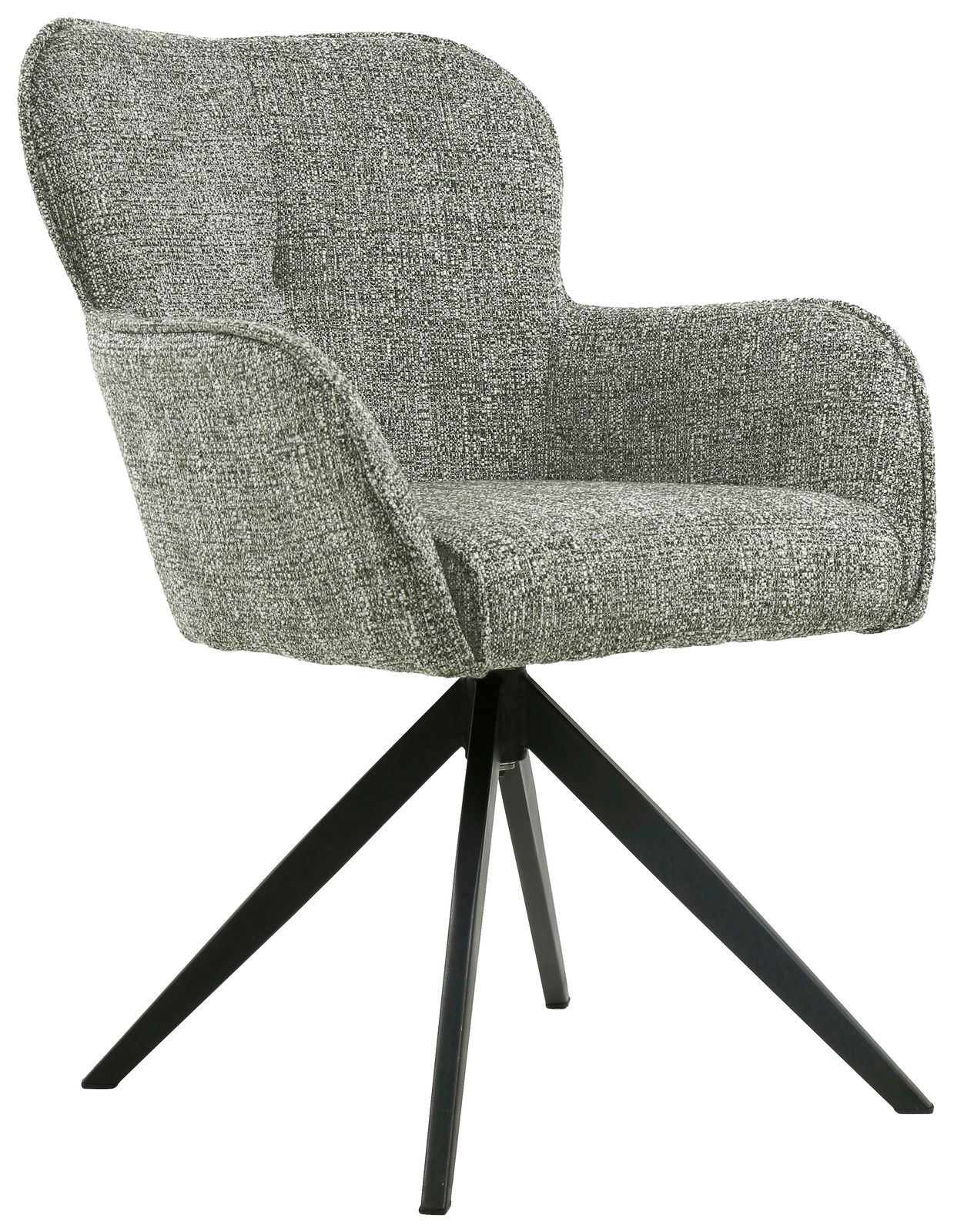 Grauer Armlehnstuhl mit Stoffbezug und schwarzem Metallgestell, seitliche Perspektive