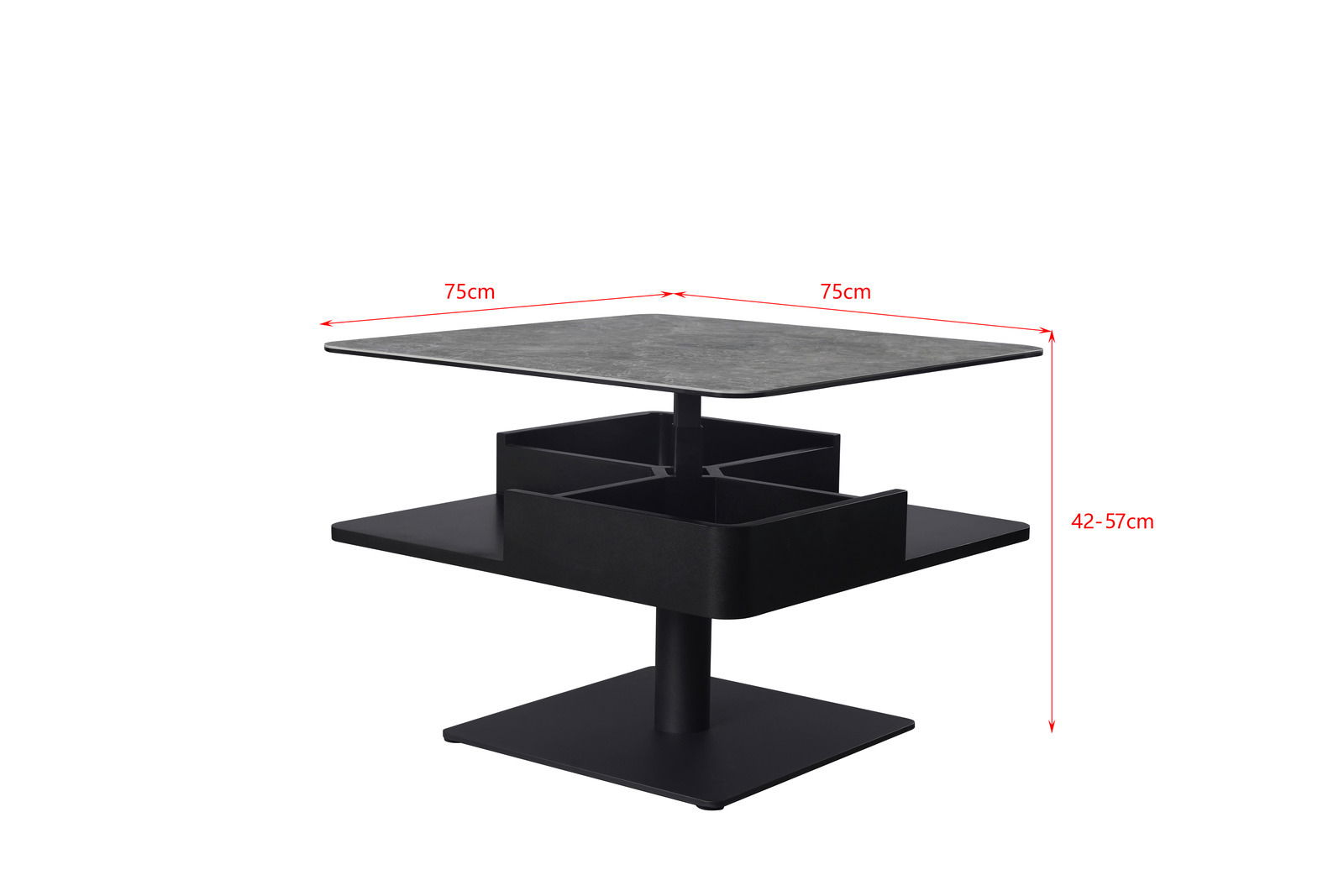 Moderner Couchtisch Dieter Knoll MADRID mit quadratischer Tischplatte, schwarzem Gestell und verstellbarer Höhe, seitliche Perspektive.