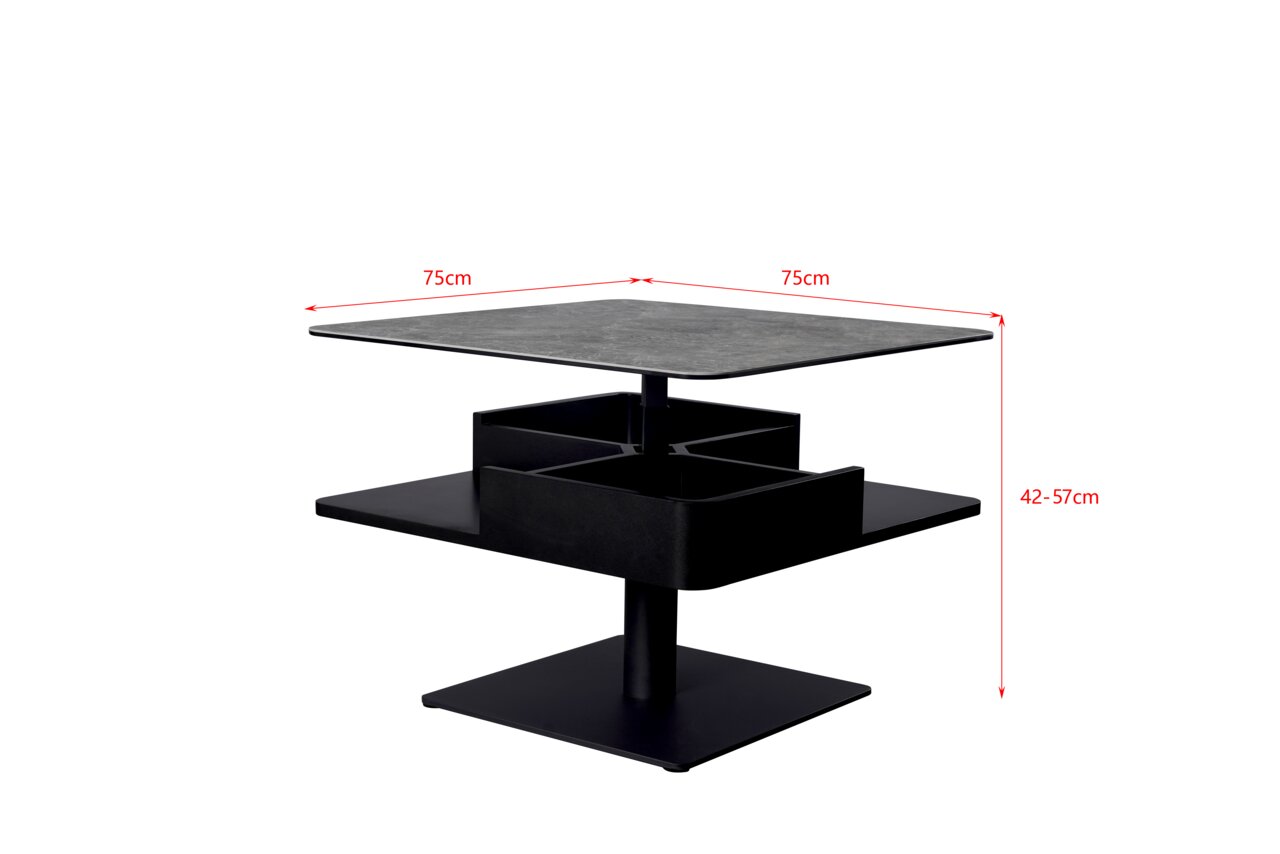 Moderner Couchtisch Dieter Knoll MADRID mit quadratischer Tischplatte, schwarzem Gestell und verstellbarer Höhe, seitliche Perspektive.