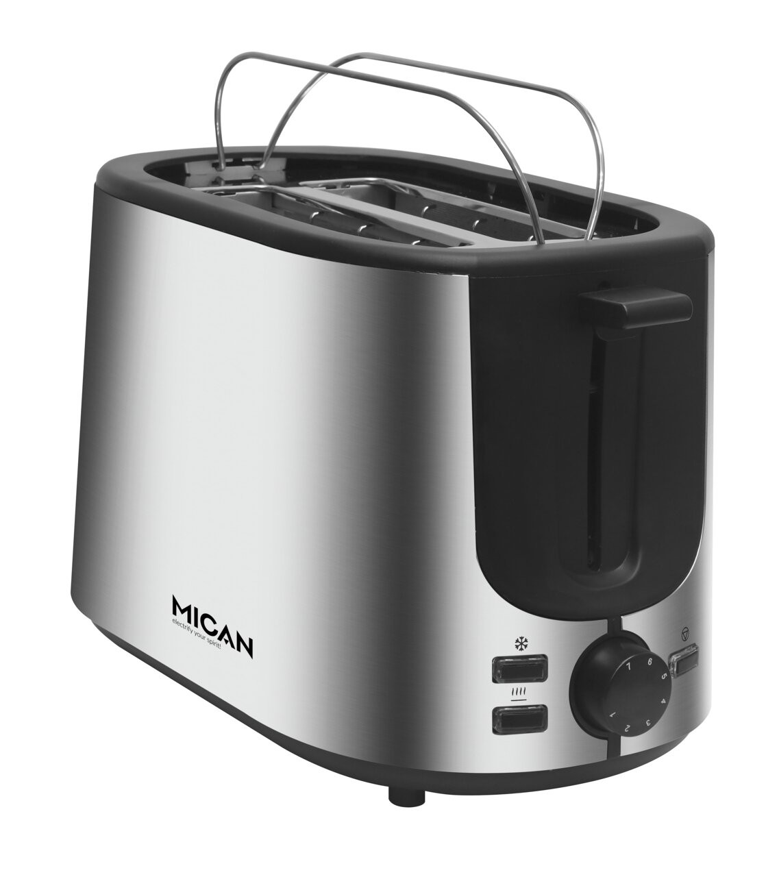 Moderner Edelstahl-Toaster mit zwei Schlitzen, seitlicher Ansicht