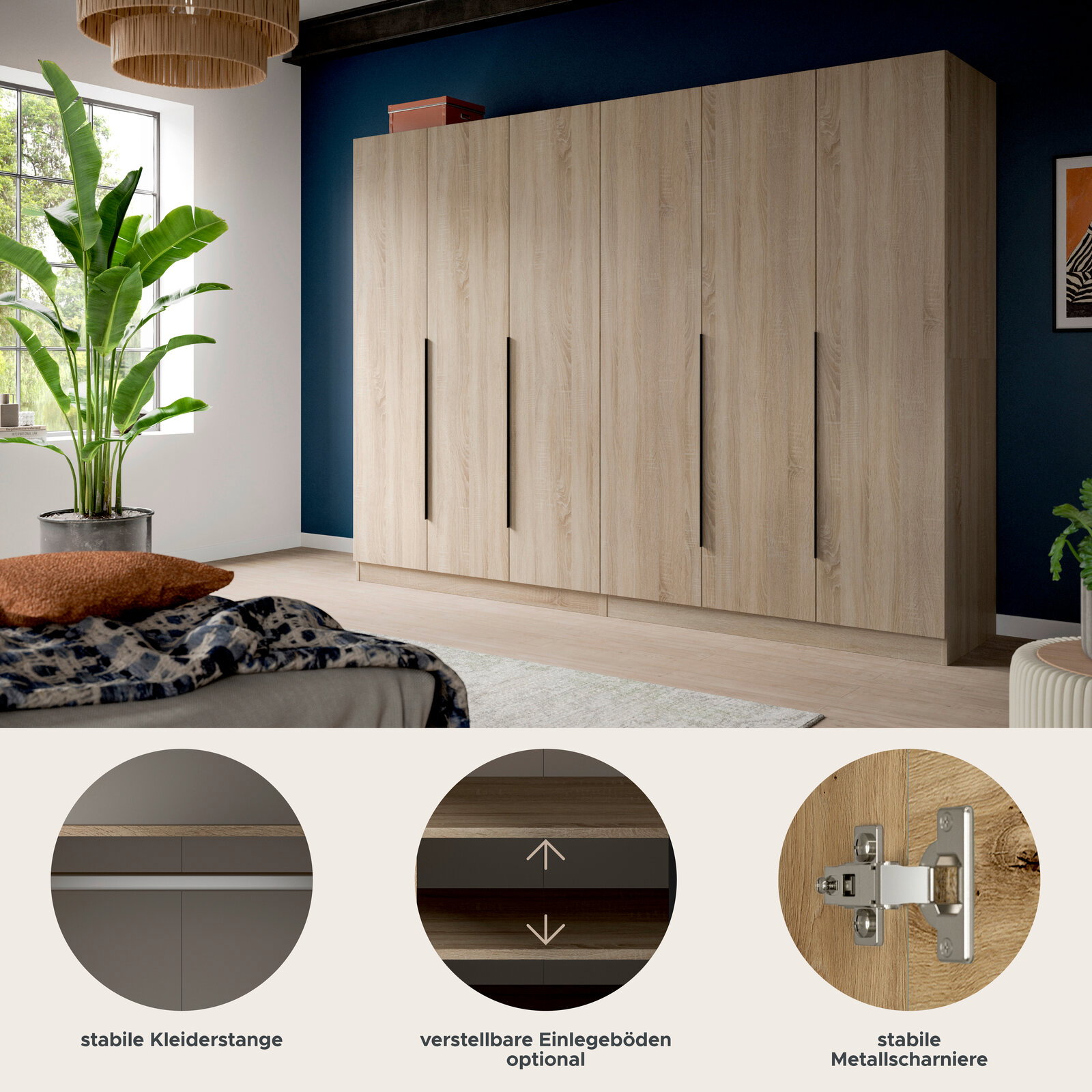 Großer Kleiderschrank in heller Holzoptik mit sechs Türen und schwarzen Griffleisten im Schlafzimmer, frontale Ansicht mit leichter Perspektive von links; unten Detail-Icons zu Kleiderstange, optional verstellbaren Einlegeböden und stabilen Metallscharnie