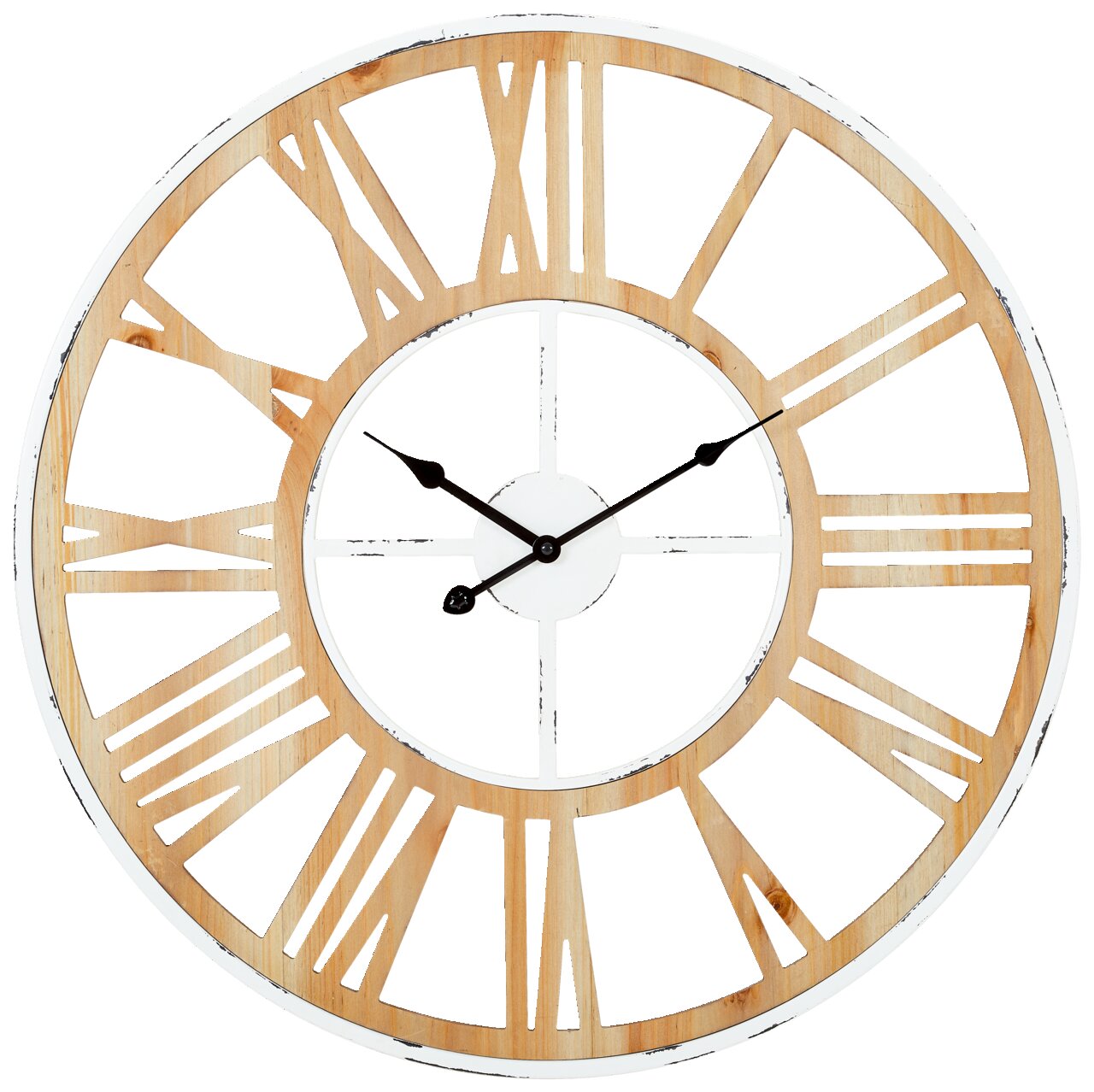 Landscape Wanduhr LUCAS Große runde Wanduhr mit römischen Ziffern aus Holz und Metall, frontal abgebildet.