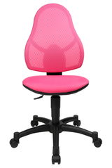 Pinkfarbener Drehstuhl mit Netzrückenlehne und schwarzem Fußkreuz, Frontalansicht