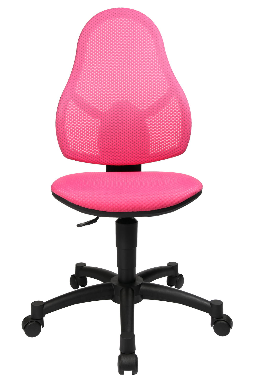 Pinkfarbener Drehstuhl mit Netzrückenlehne und schwarzem Fußkreuz, Frontalansicht