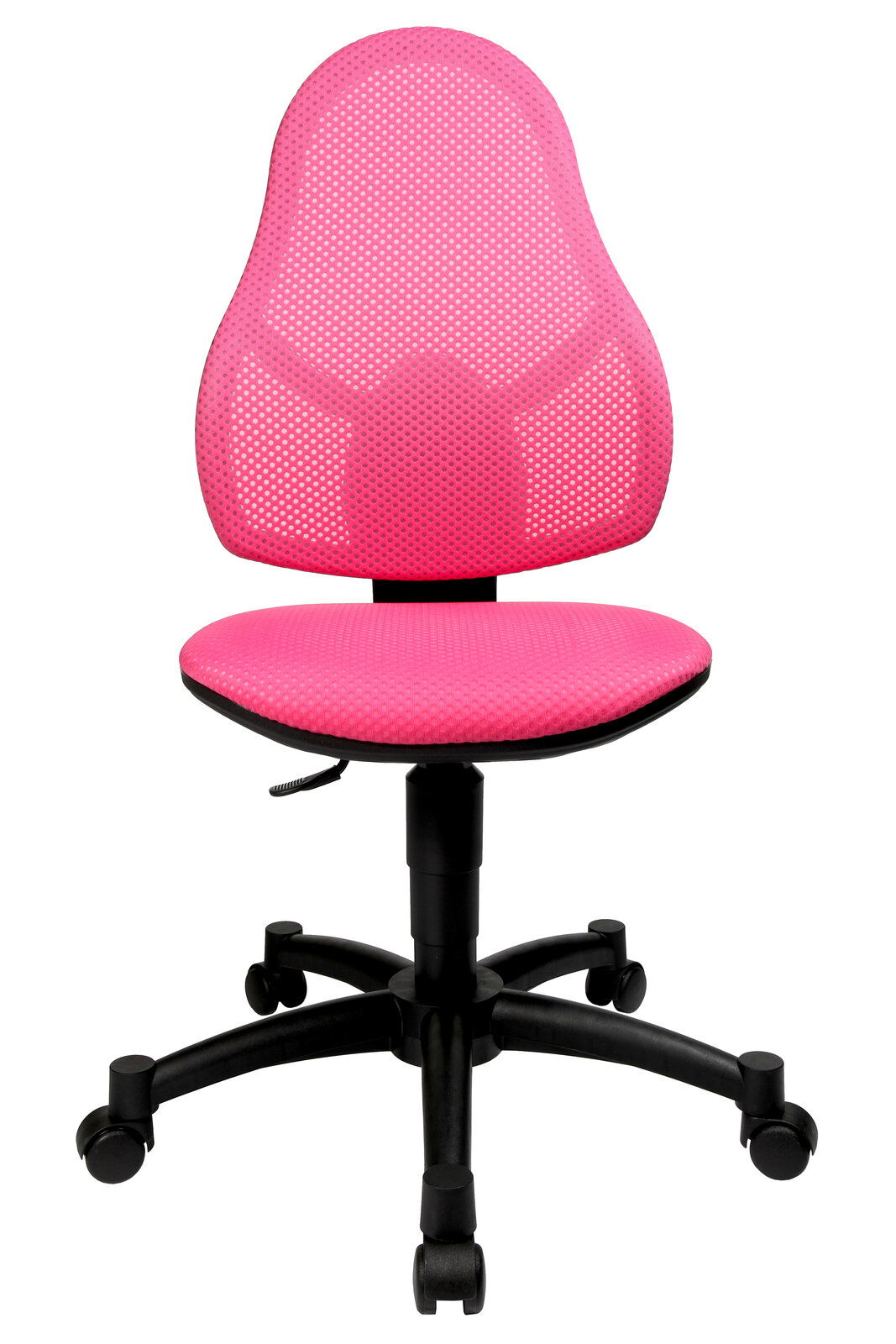 Pinkfarbener Drehstuhl mit Netzrückenlehne und schwarzem Fußkreuz, Frontalansicht