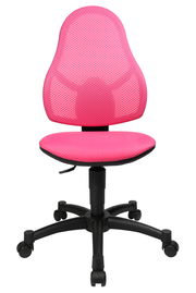 Pinkfarbener Drehstuhl mit Netzrückenlehne und schwarzem Fußkreuz, Frontalansicht