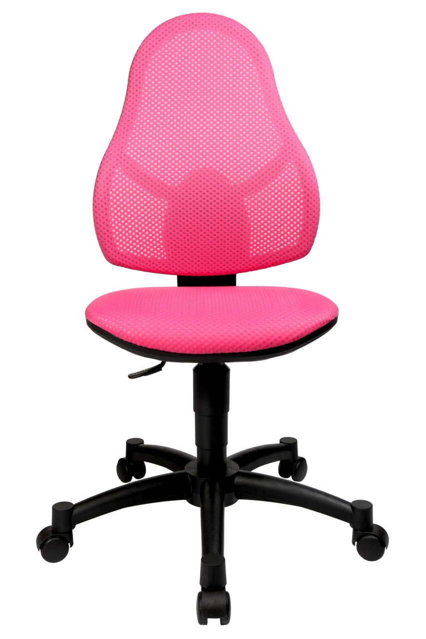 Roze draaistoel met rugleuning van gaas en zwart voetkruis, vooraanzicht