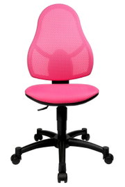 Pinkfarbener Drehstuhl mit Netzrückenlehne und schwarzem Fußkreuz, Frontalansicht