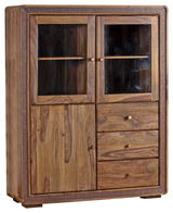 Hochwertiges Highboard aus Holz mit Glastüren und Schubladen, frontale Ansicht