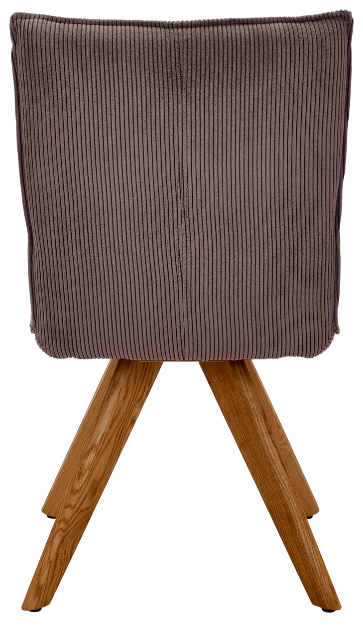 Johann Jakob Stuhl CALAS Rückansicht eines Stuhls mit geripptem, grauem Stoffbezug und Holzbeinen.