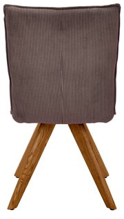 Rückansicht eines Stuhls mit geripptem, grauem Stoffbezug und Holzbeinen.