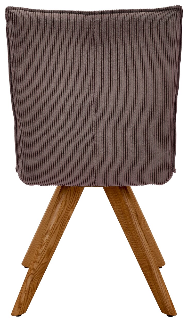 Rückansicht eines Stuhls mit geripptem, grauem Stoffbezug und Holzbeinen.