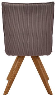 Rückansicht eines Stuhls mit geripptem, grauem Stoffbezug und Holzbeinen.