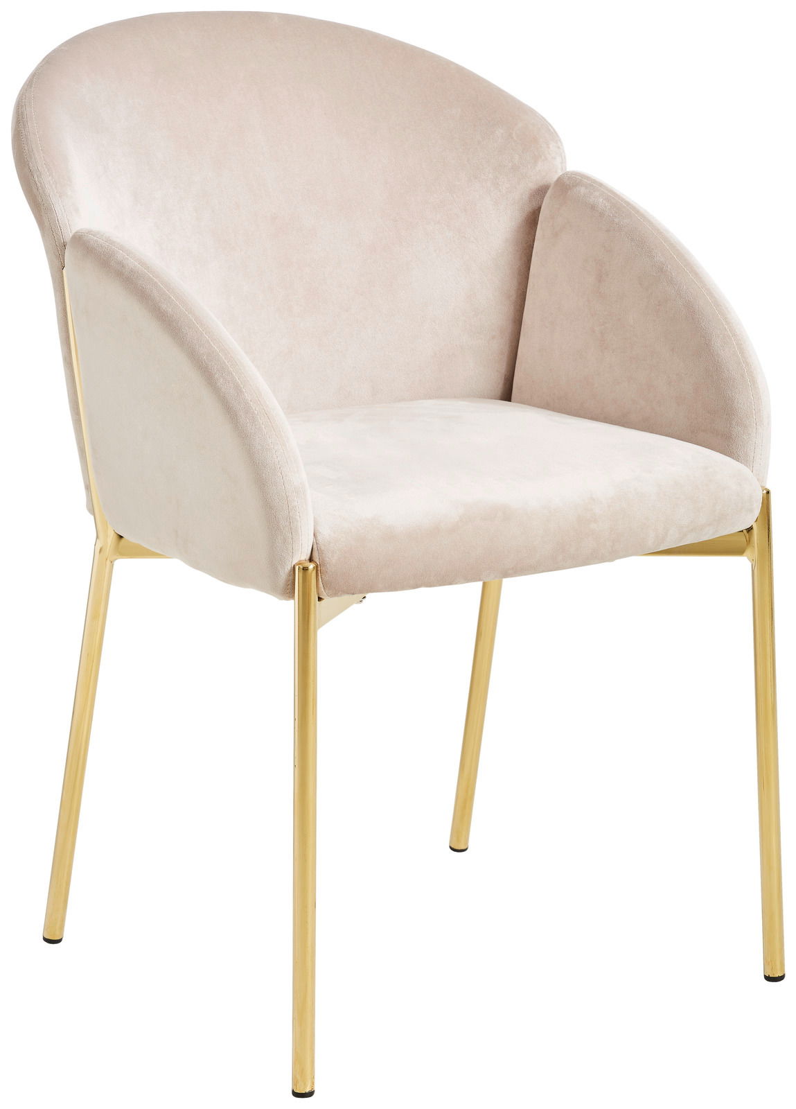 Eleganter Sessel mit beigem Samtbezug und goldenen Metallbeinen, seitliche Perspektive