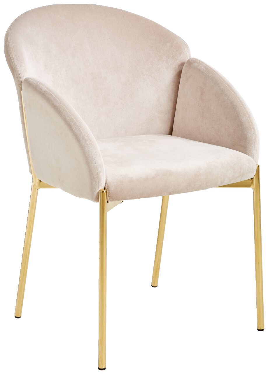 Eleganter Sessel mit beigem Samtbezug und goldenen Metallbeinen, seitliche Perspektive