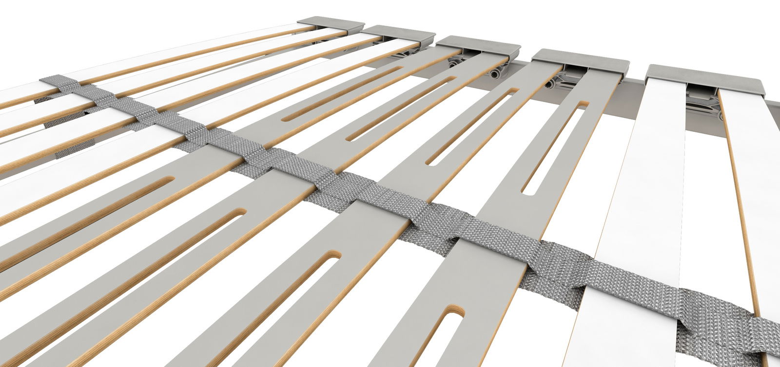 Nahaufnahme eines Lattenrosts mit grauen und holzfarbenen Leisten, perspektivisch von der Seite aufgenommen.