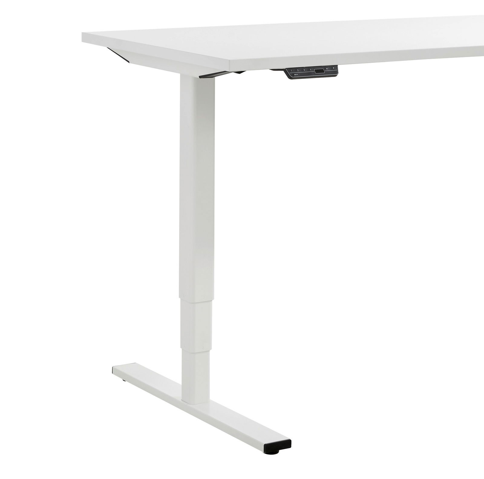 Weißer höhenverstellbarer E-Schreibtisch, seitliche Perspektive