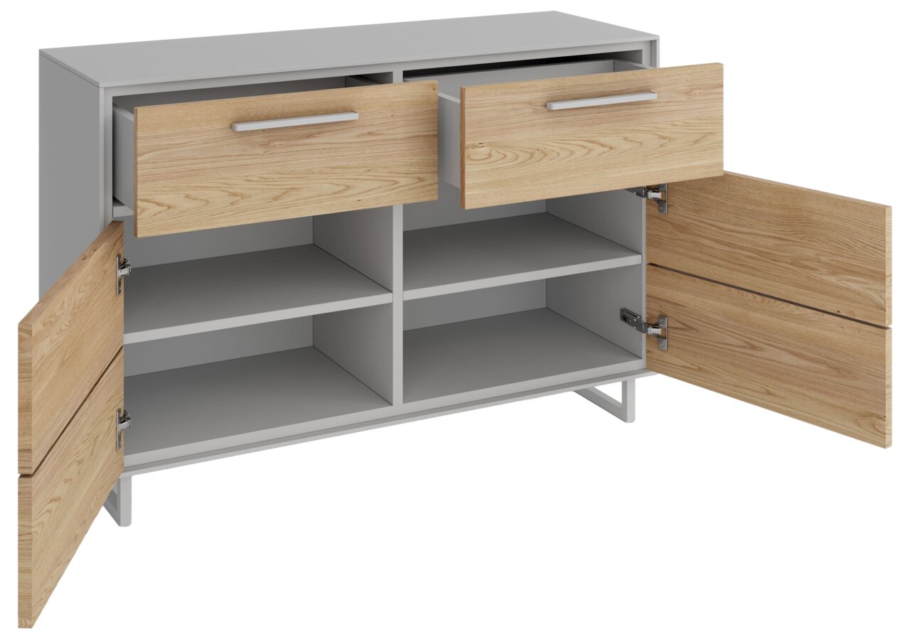 Sideboard mit zwei offenen Schubladen und zwei offenen Türen, aus hellem Holz und grauem Korpus, frontale Perspektive.