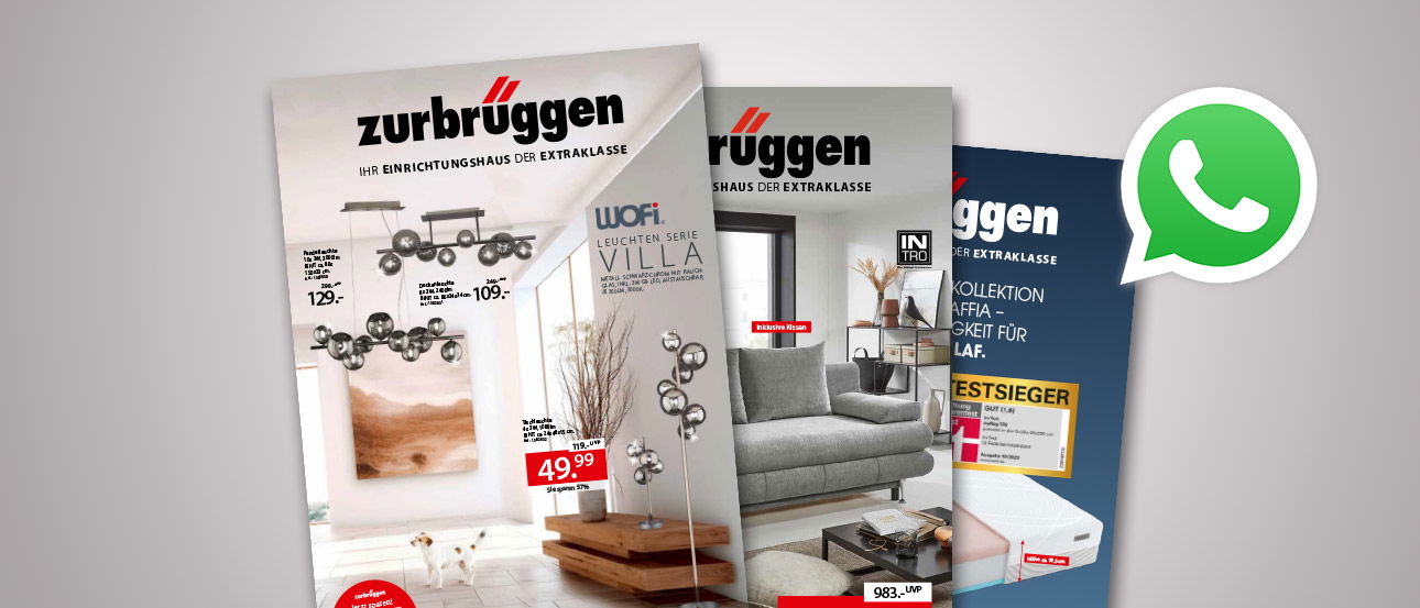 Drei Zurbrüggen-Kataloge mit Möbel- und Wohnaccessoires-Angeboten liegen überlappend aufeinander.