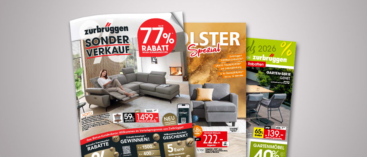 Drei Zurbrüggen-Kataloge mit Möbel- und Wohnaccessoires-Angeboten liegen überlappend aufeinander.
