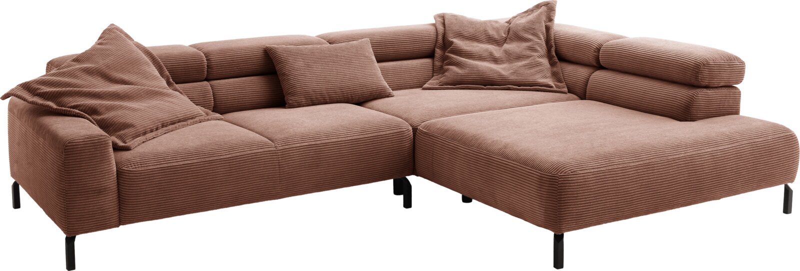 Bruine modulaire hoekbank van ribfluweel met brede chaise longue, losse sierkussens en zwarte poten, schuin van voren gezien