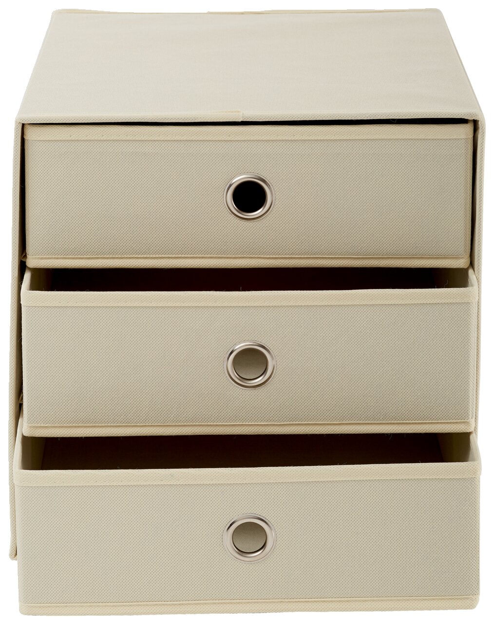 Stoffbox mit drei Schubfächern, frontal betrachtet