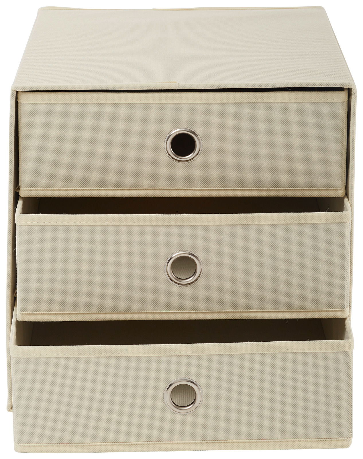 Stoffbox mit drei Schubfächern, frontal betrachtet