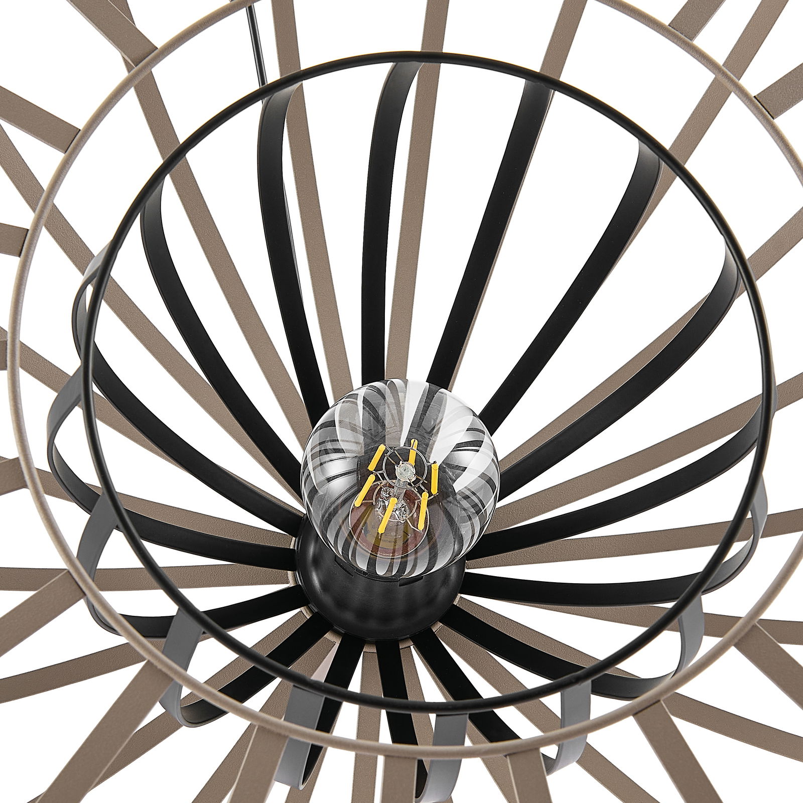 Nahaufnahme einer modernen Stehleuchte mit einem dekorativen, radialen Design aus schwarzen und bronzefarbenen Streben, von oben betrachtet.