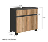 Waschbeckenunterschrank mit Holzlamellen-Design, Maße ca. 60 cm Breite, 54 cm Höhe, 35 cm Tiefe, seitliche Perspektive