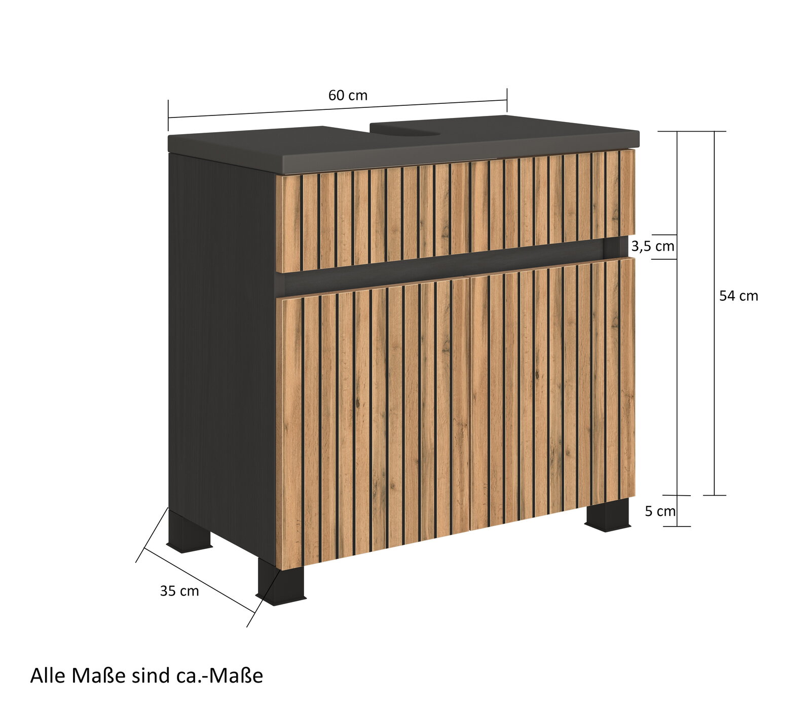 Waschbeckenunterschrank mit Holzlamellen-Design, Maße ca. 60 cm Breite, 54 cm Höhe, 35 cm Tiefe, seitliche Perspektive
