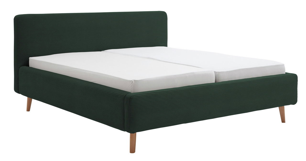 XORA Polsterbettgestell MATTIS Polsterbettgestell in dunklem Grün mit Holzfüßen, seitliche Perspektive