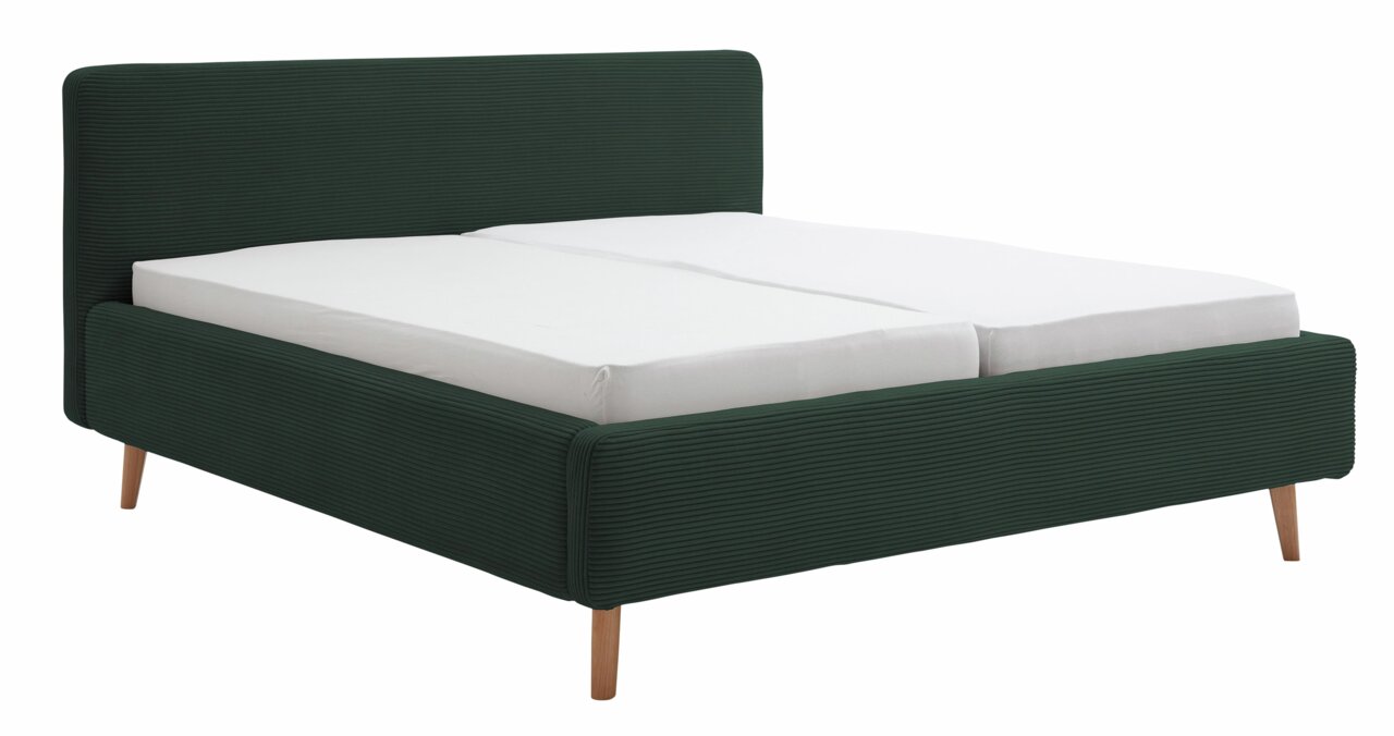 XORA Polsterbettgestell MATTIS Polsterbettgestell in dunklem Grün mit Holzfüßen, seitliche Perspektive