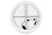 Rückansicht einer runden LED-Deckenleuchte mit sichtbarer Metallhalterung und elektrischen Anschlüssen.