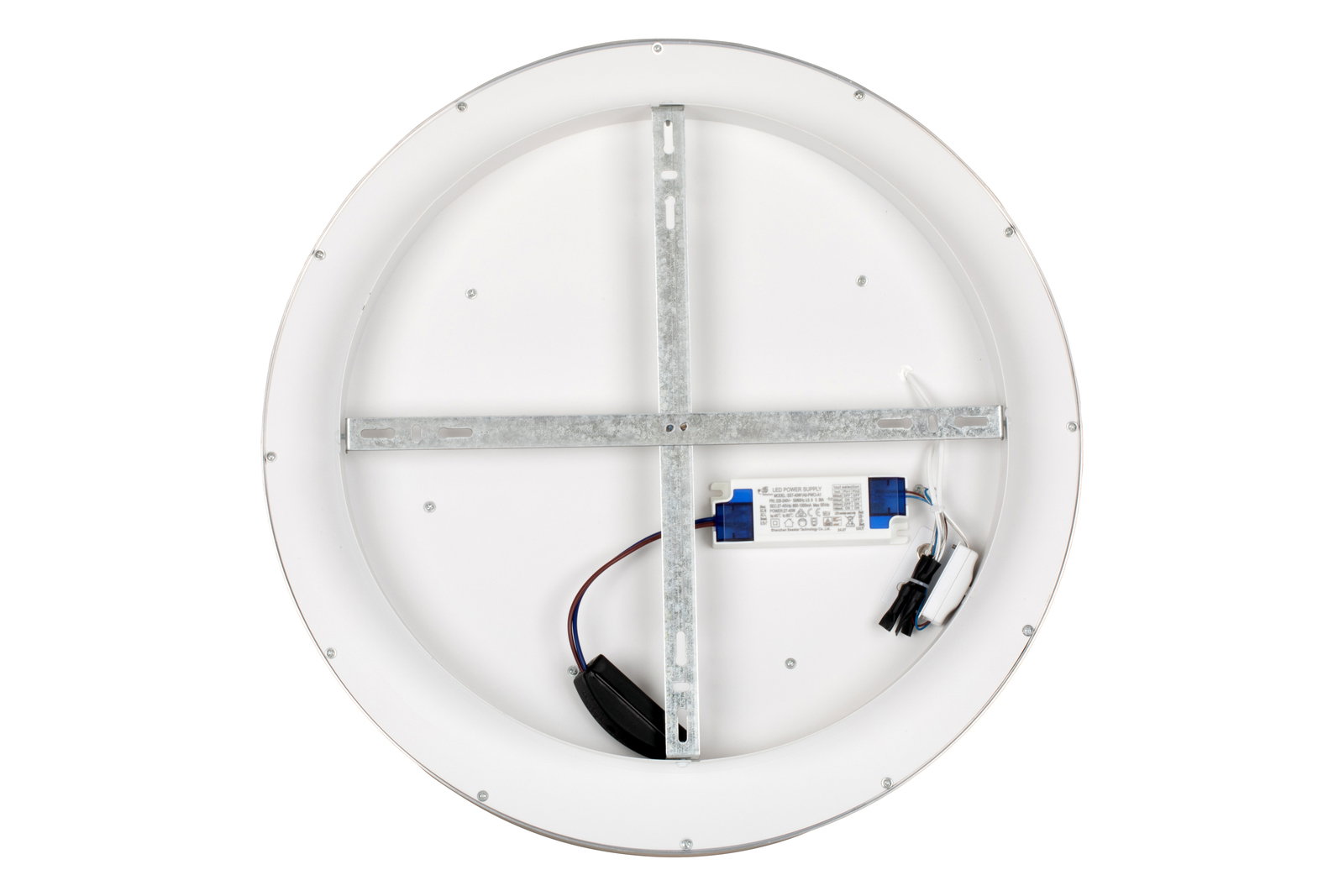 Rückansicht einer runden LED-Deckenleuchte mit sichtbarer Metallhalterung und elektrischen Anschlüssen.