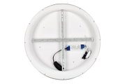 Rückansicht einer runden LED-Deckenleuchte mit sichtbarer Metallhalterung und elektrischen Anschlüssen.