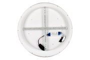 Rückansicht einer runden LED-Deckenleuchte mit sichtbarer Metallhalterung und elektrischen Anschlüssen.