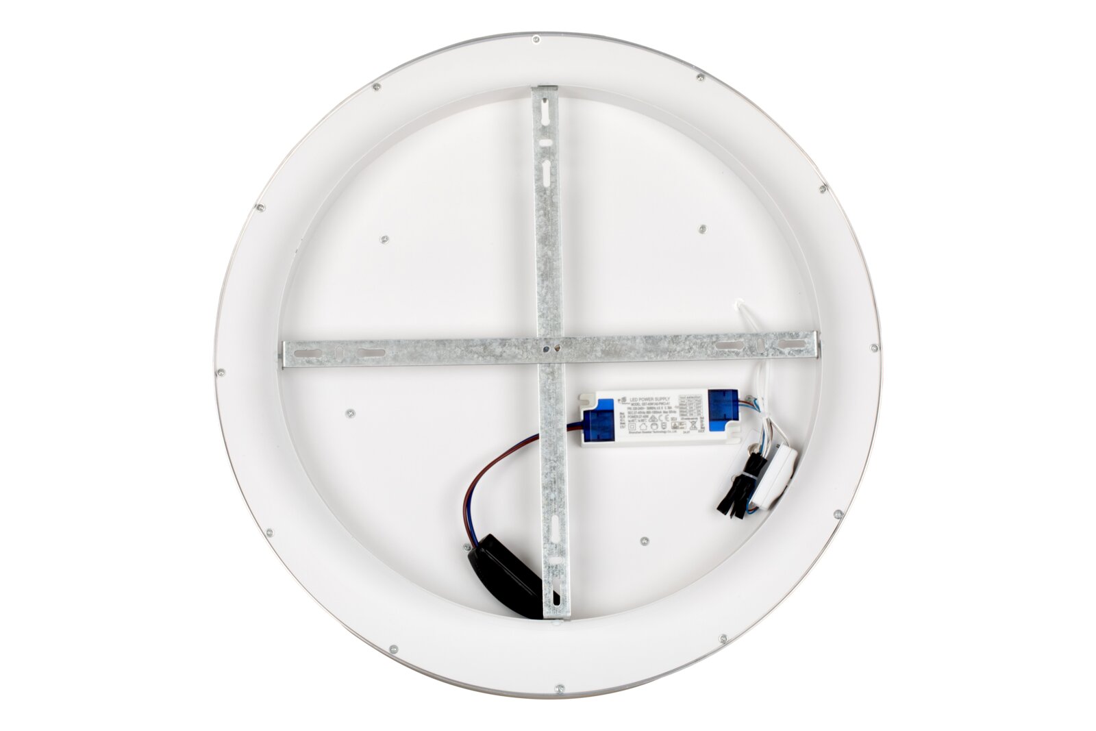 Rückansicht einer runden LED-Deckenleuchte mit sichtbarer Metallhalterung und elektrischen Anschlüssen.